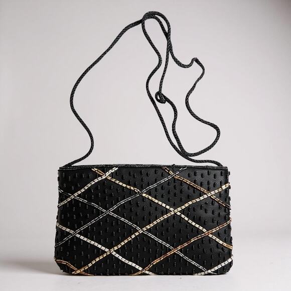 VINTAGE 80’s 90’s Beaded Embroidered Mini Black Silver Gold Crossbody - Picture 1 of 7